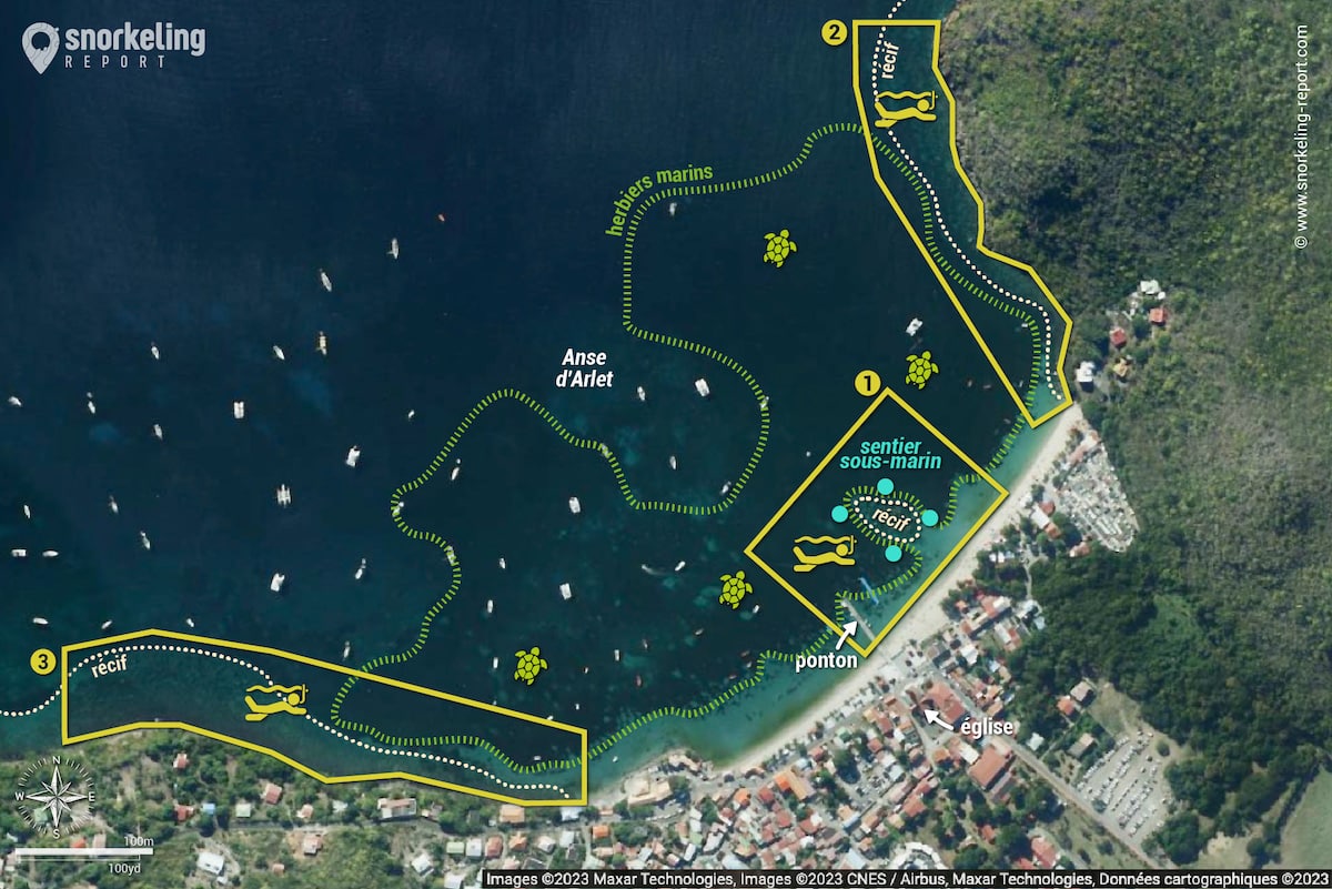 Carte snorkeling aux Anses d'Arlet, Martinique.