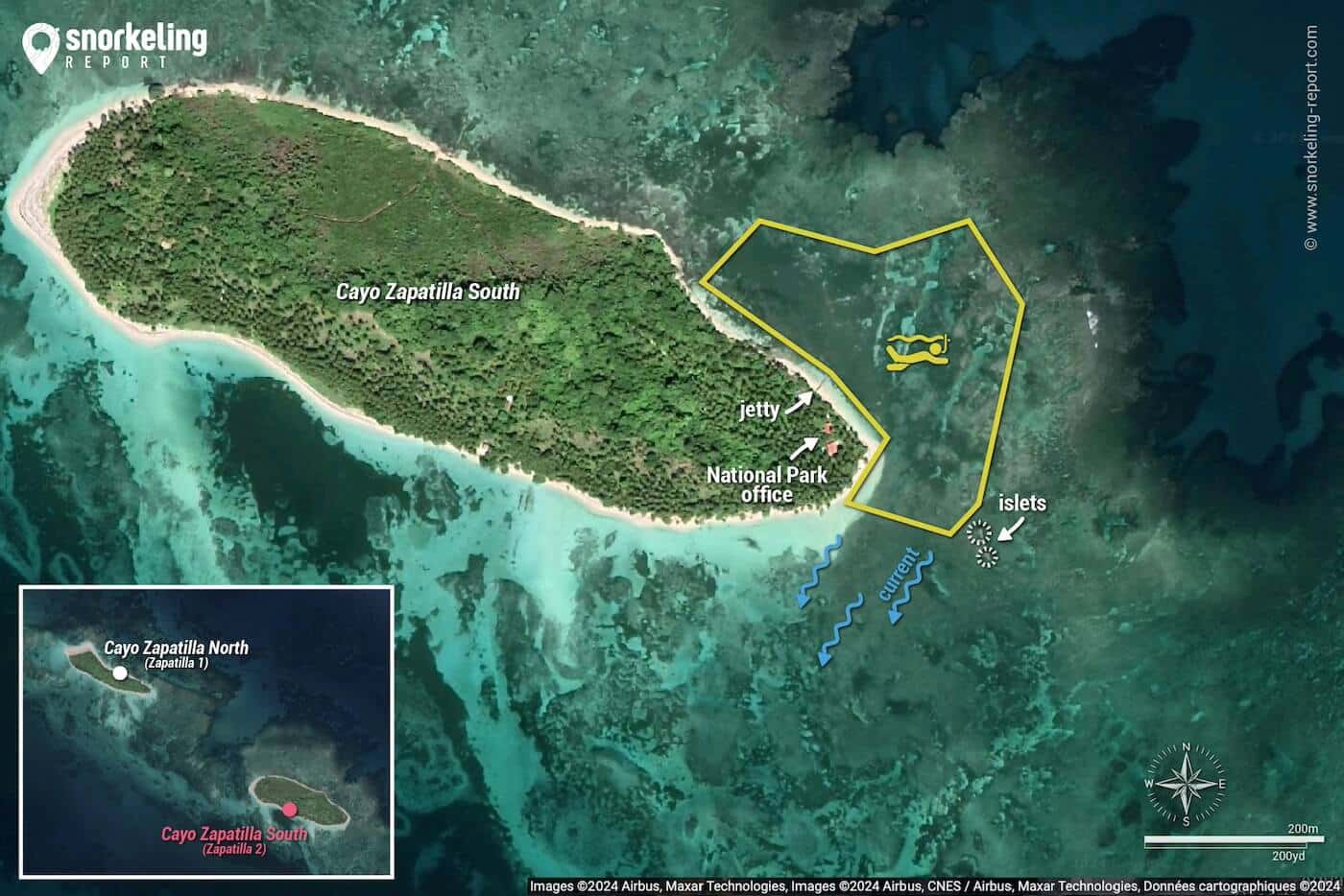 Cayo Zapatilla South snorkeling map, Bocas del Toro