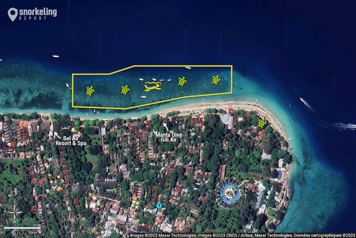 Gili Air snorkeling map, Indonesia