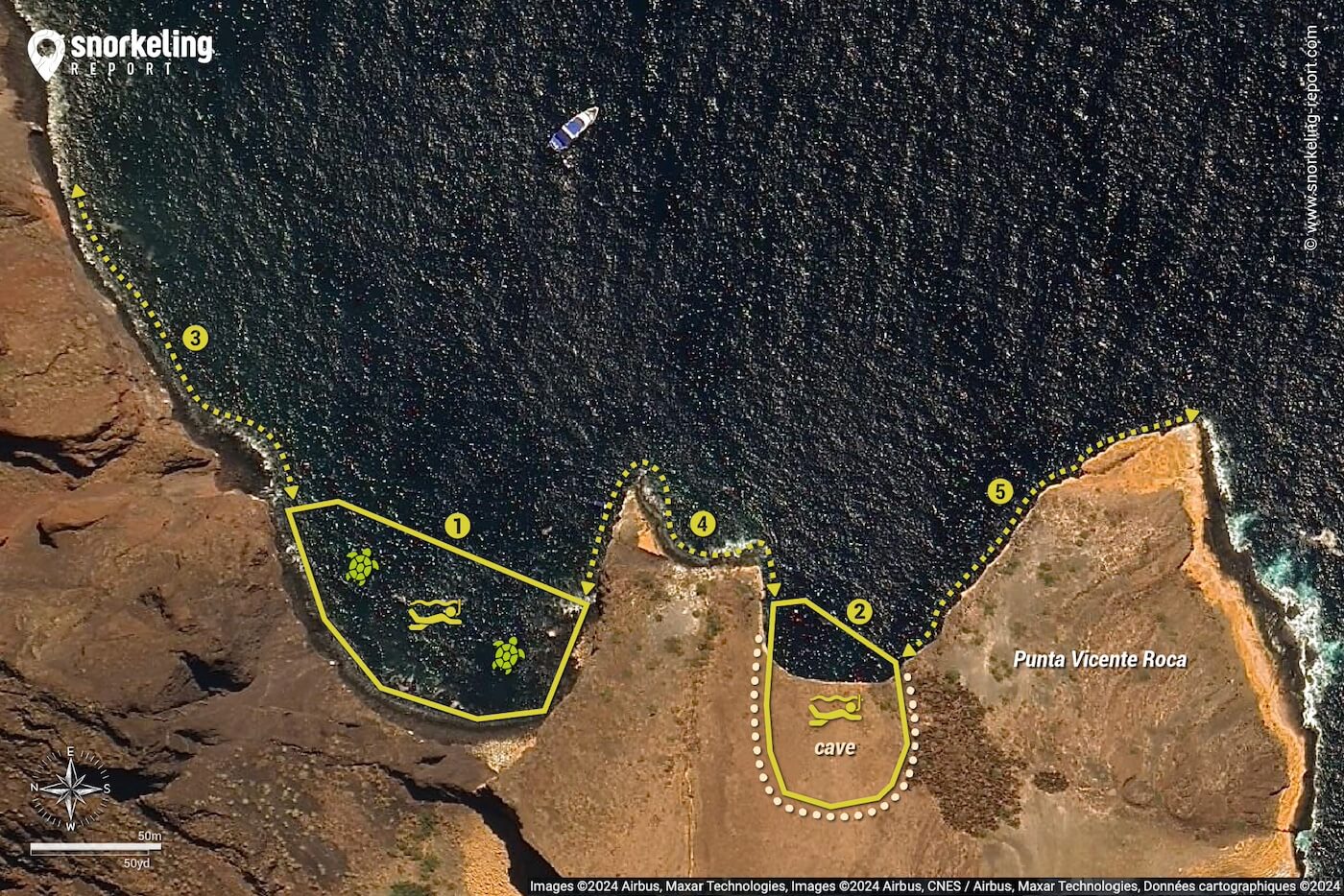 Punta Vicente Roca snorkeling map, Isabela Island