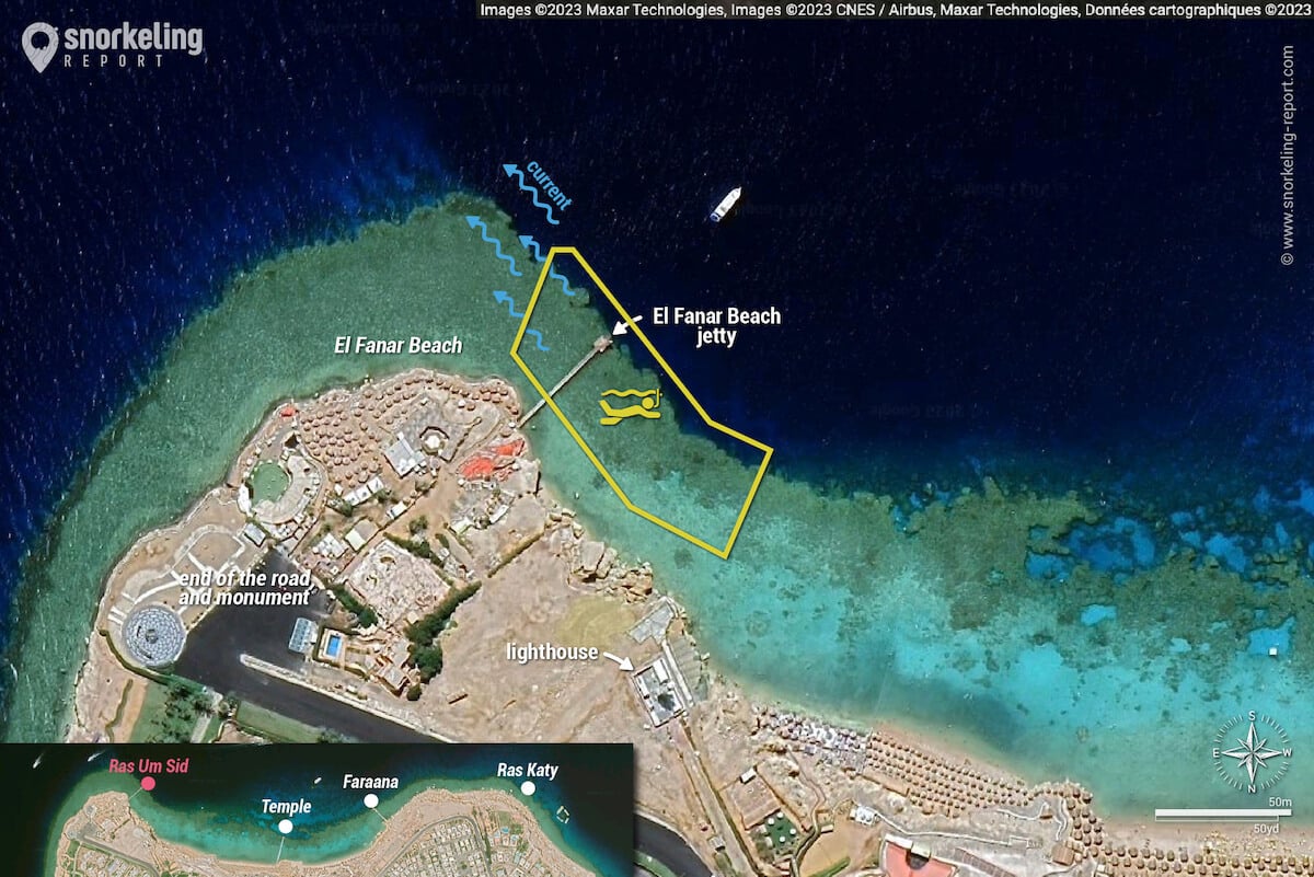 Ras Um Sid/El Fanar Beach snorkeling map