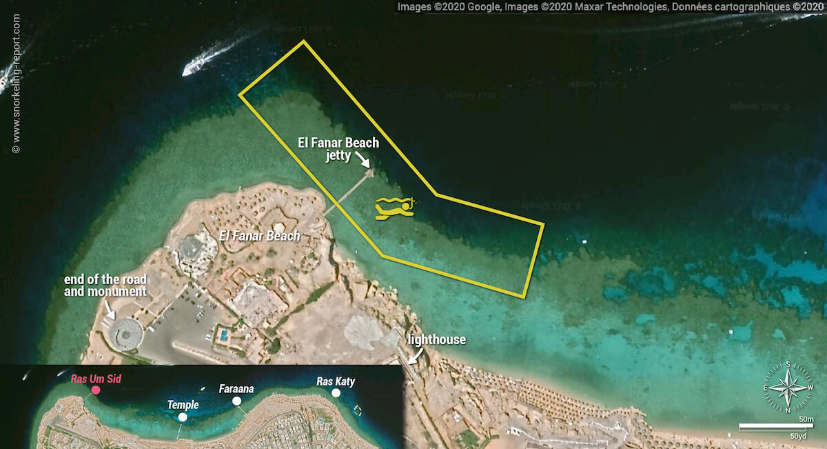 Ras Um Sid/El Fanar Beach snorkeling map, Sharm El-Sheikh, Egypt