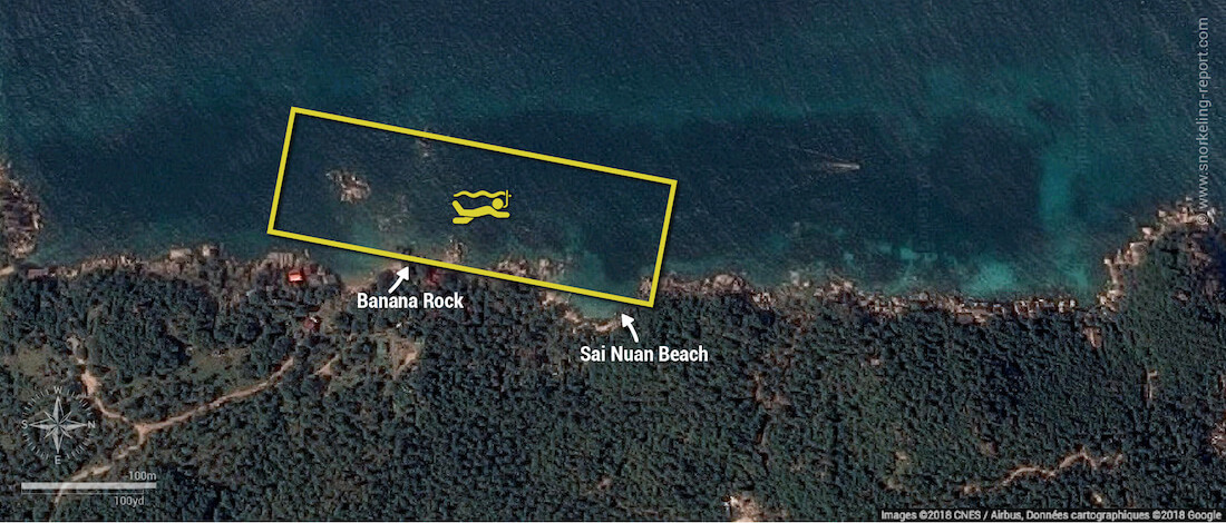 Sai Nuan Beach snorkeling map, Koh Tao