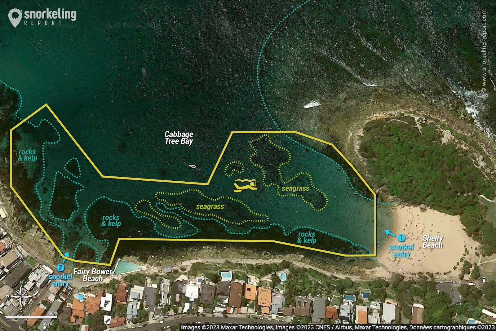 Shelly Beach - Cabbage Tree Bay snorkeling map.