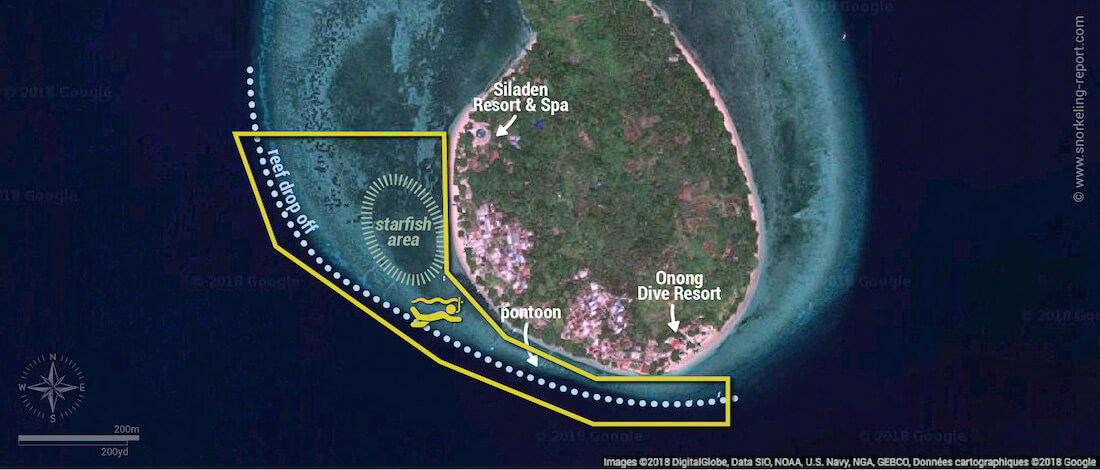 Siladen Island snorkeling map, Indonesia