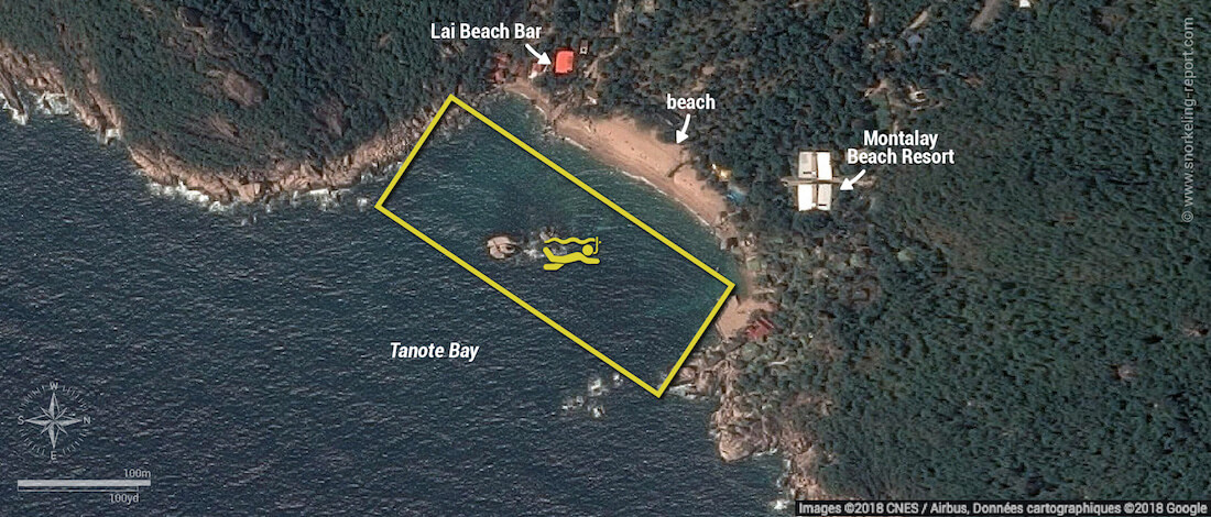 Tanote Bay snorkeling map, Koh Tao