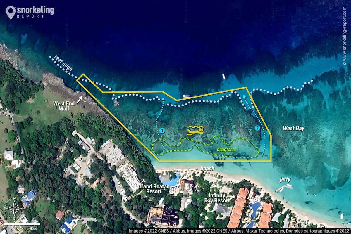 West Bay, Roatan snorkeling map