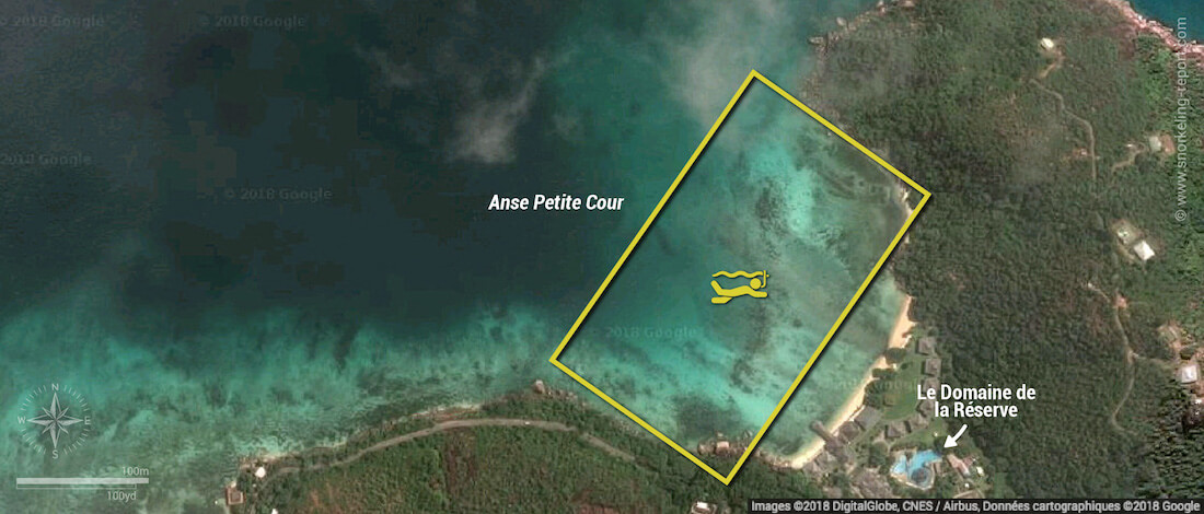 Anse Petite Cour snorkeling map, Praslin, Seychelles