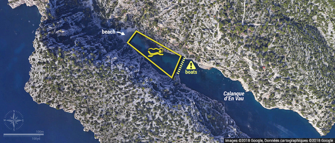 Calanque d'En Vau snorkeling map, Calanques National Park