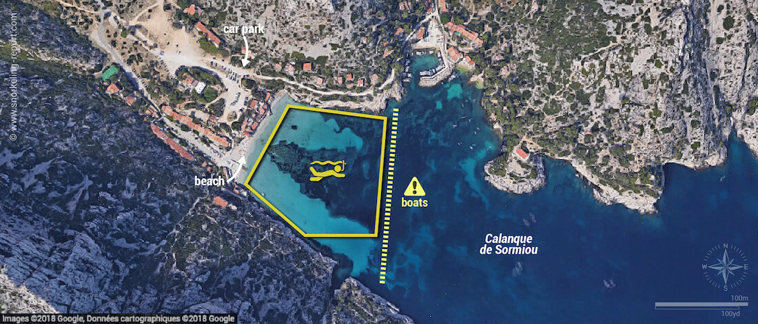 Calanque de Sormiou snorkeling map, Calanques National Park