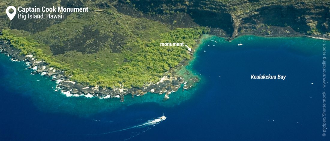 Aerial view of Captain Cook Monument snorkeling spot, Hawaii
