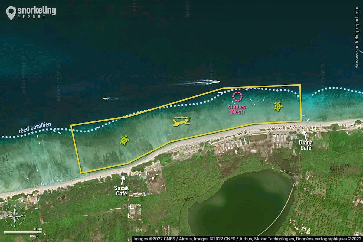 Carte snorkeling à Gili Meno - Zones d'observation des tortues