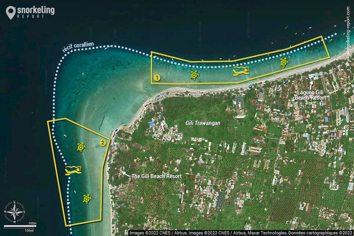 Carte snorkeling à Gili Trawangan - Zones d'observation des tortues