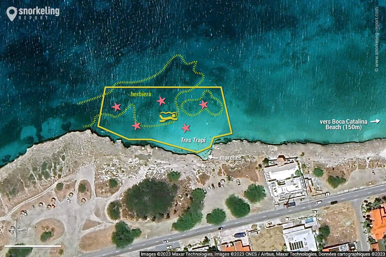 Carte snorkeling à Tres Trapi, Aruba