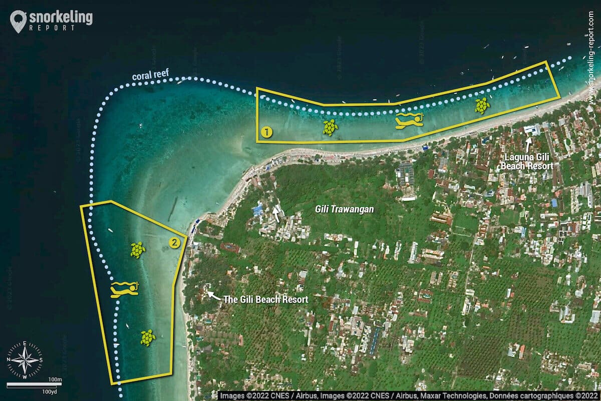 Gili Trawangan snorkeling map - Turtle watching areas