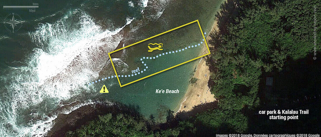 Ke'e Beach Kauai snorkeling map