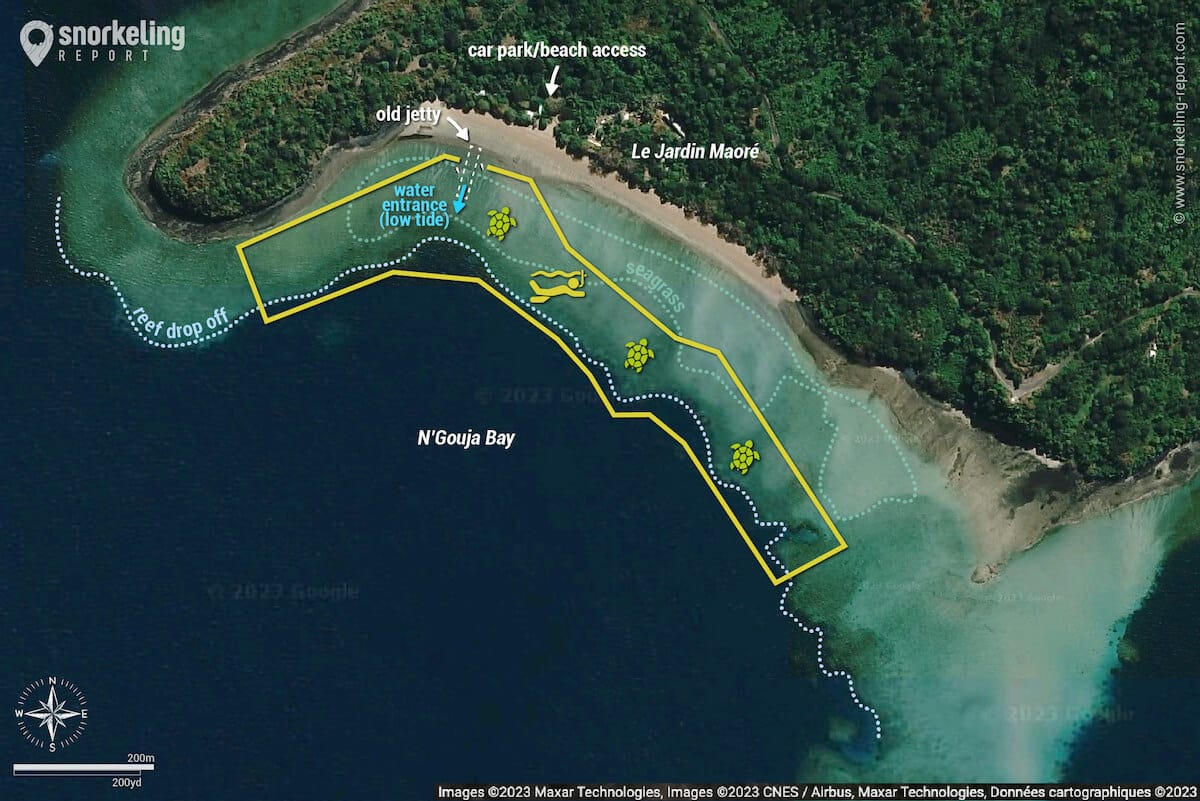 N'Gouja Beach snorkeling map, Mayotte