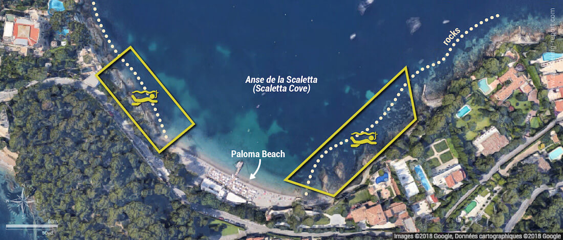 Paloma Beach snorkeling map, Saint-Jean-Cap-Ferrat, France