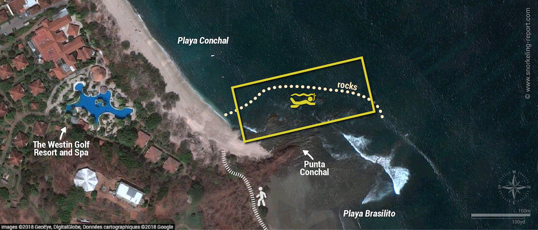 Playa Conchal snorkeling map, Guanacaste, Costa Rica