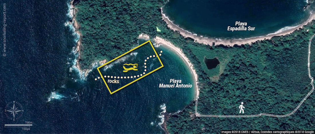 Playa Manuel Antonio snorkeling map, Costa Rica