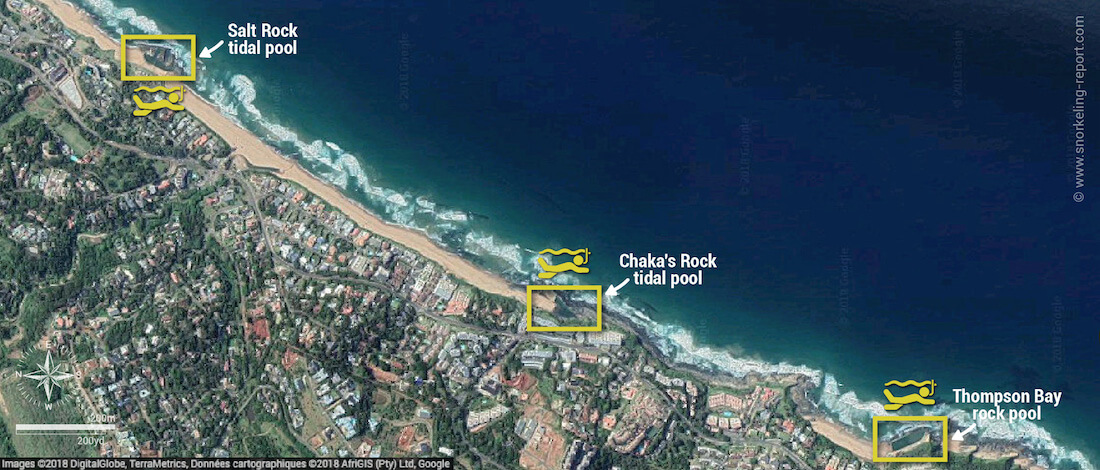 Dolphin Coast tidal pools snorkeling map, South Africa