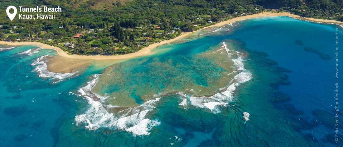 Aerial view of Tunnels Beach snorkeling area, Kauai