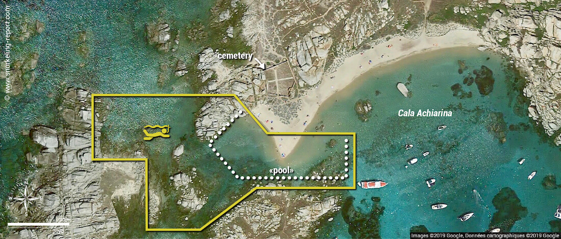 Cala Achiarina snorkeling map, Lavezzi Islands