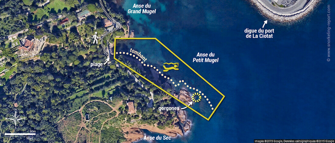 Carte snorkeling à l'Anse du Petit Mugel, La Ciotat