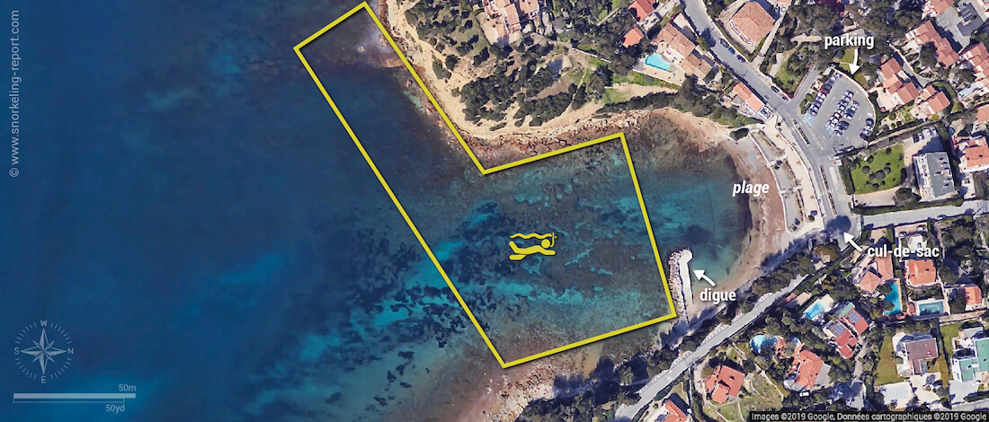 Carte snorkeling à la plage du Cap Rousset, Parc Marin de la Côte Bleue