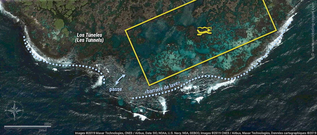 Carte snorkeling à Los Tuneles, Galapagos