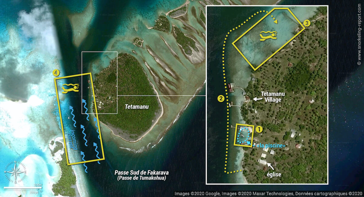 Carte snorkeling dans la Passe Sud de Fakarava et à Tetamanu, Fakarava