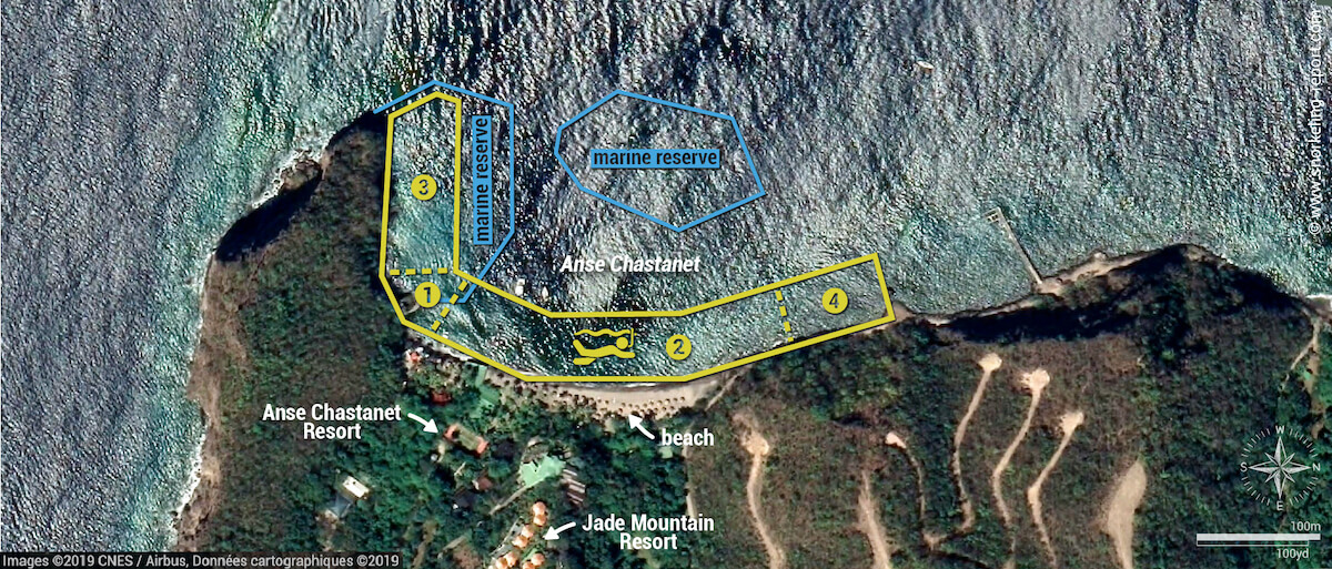 Anse Chastanet snorkeling map, St Lucia