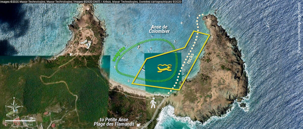 Anse Colombier Beach snorkeling area map