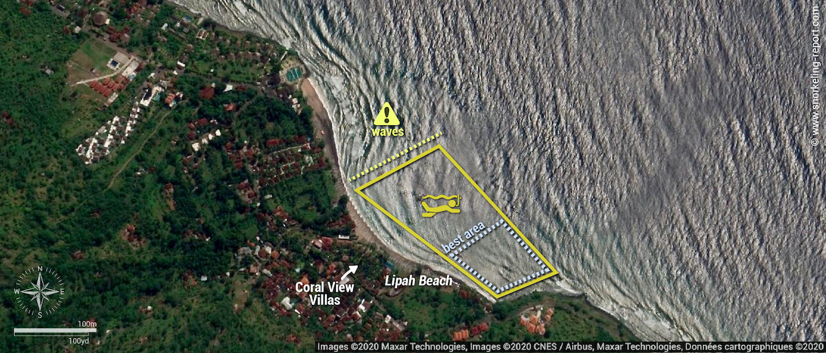 Lipah Beach snorkeling map, Amed