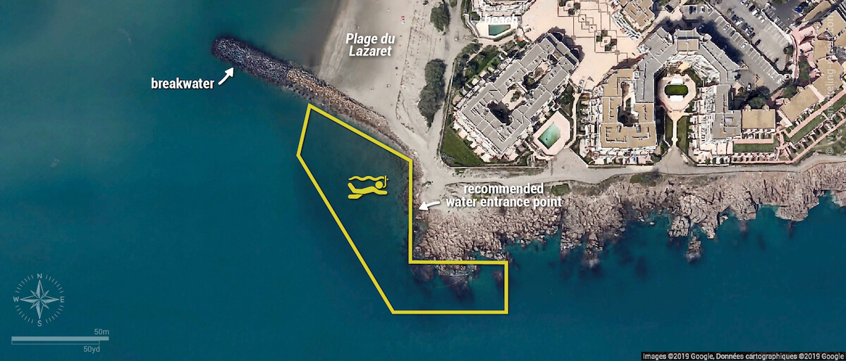 Plage du Lazaret snorkeling map, Sete