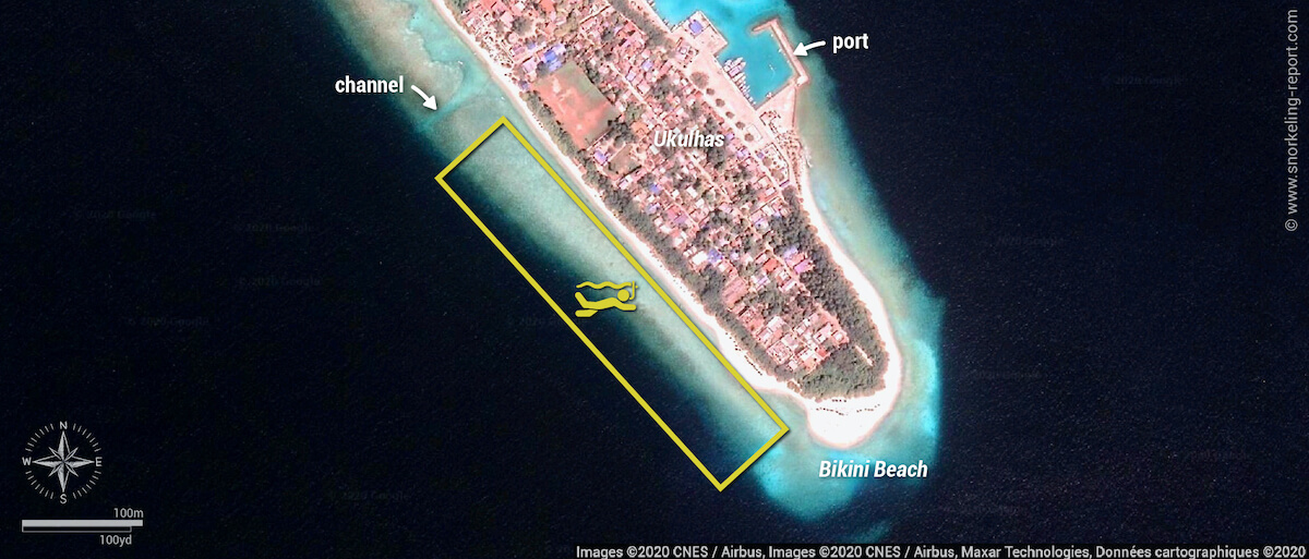 Ukulhas Island snorkeling map, Ari Atoll