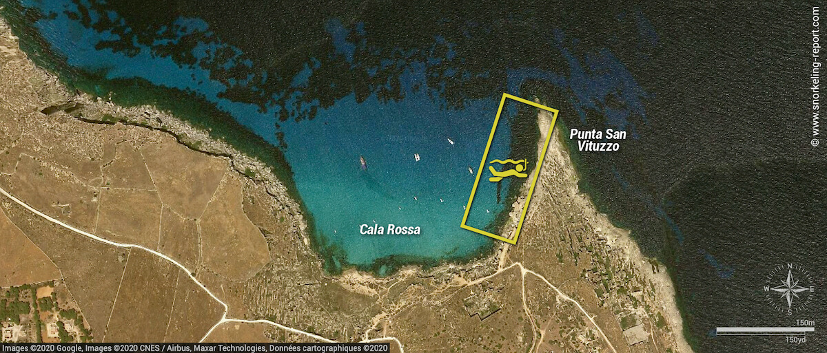 Cala Rossa snorkeling map, Favignana