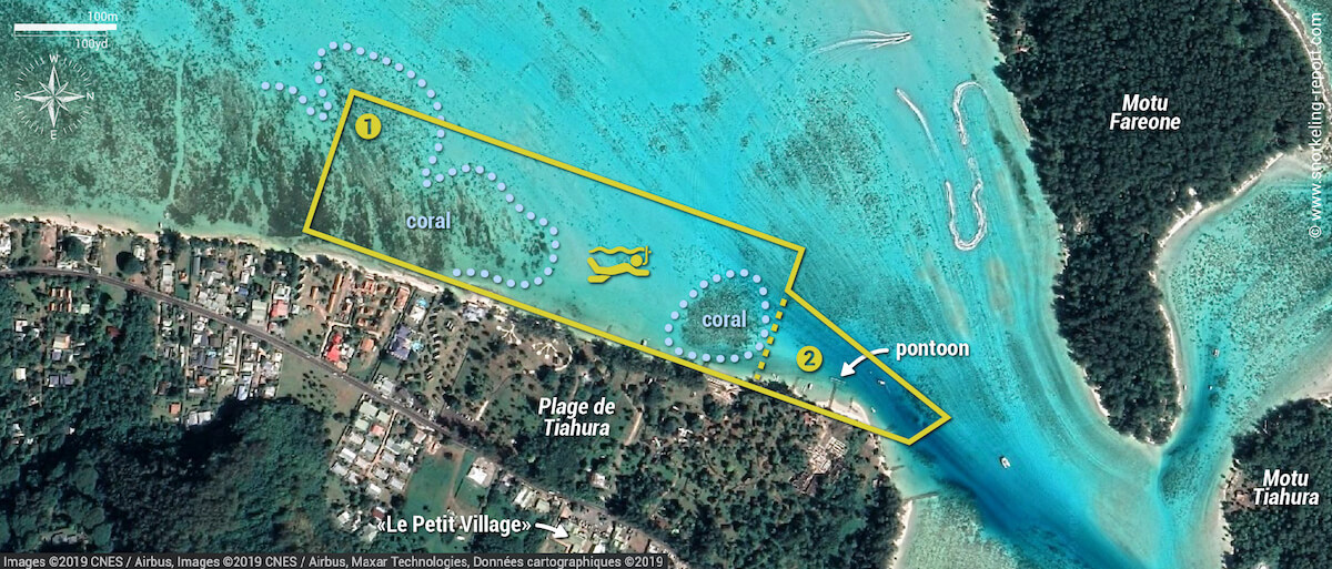 Tiahura beach snorkeling map, Moorea