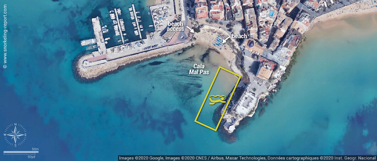 Cala Mal Pas snorkeling map, Benidorm