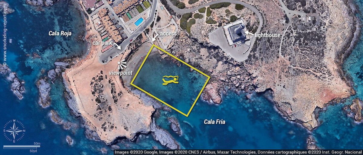 Cala Fria and Cabo de Palos lighthouse snorkeling map
