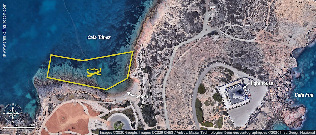 Cala Túnez snorkeling map, Cabo de Palos