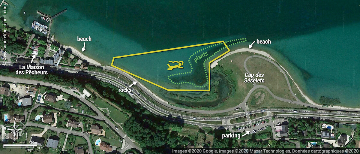 Cap des Seselets snorkeling map, Bourget Lake