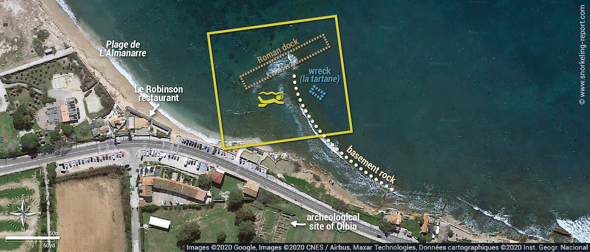 Archaeological site of Olbia - Almanarre Beach snorkeling map