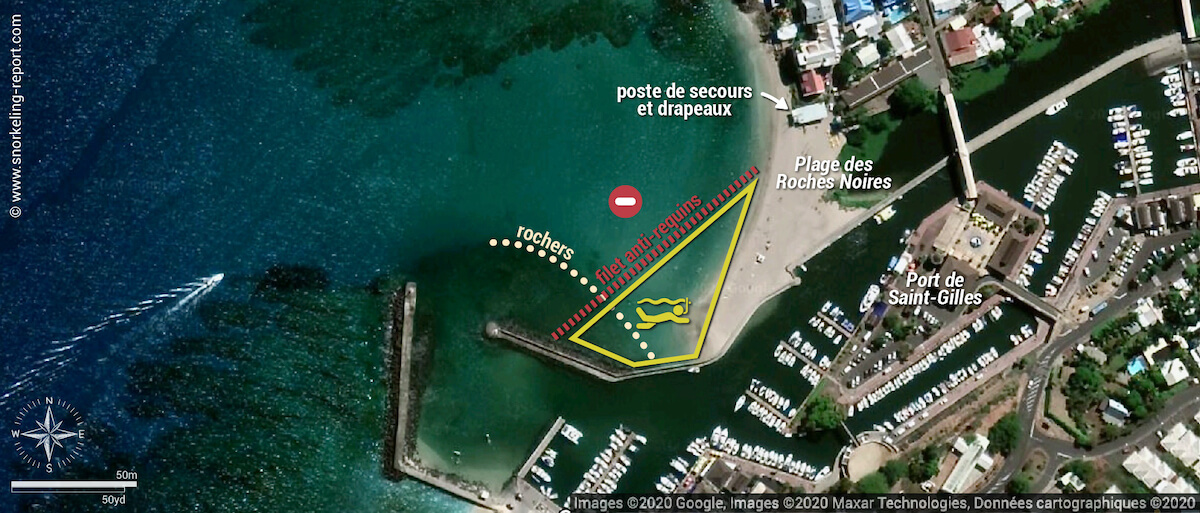 Carte snorkeling à la plage des Roches Noires, Saint-Gilles, La Réunion