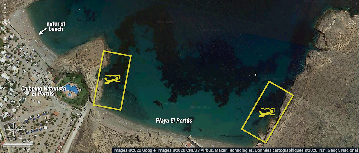 Playa El Portús snorkeling map, Spain