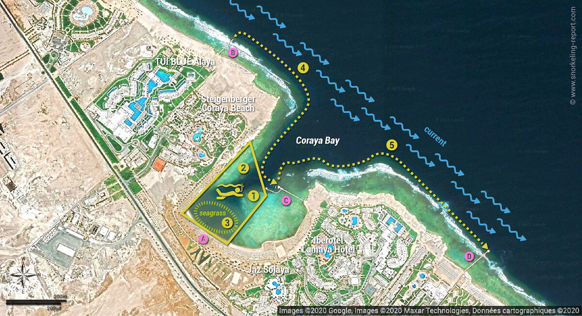 Coraya Bay snorkeling map Marsa Alam