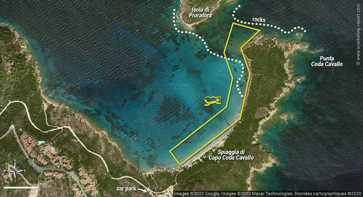 Carte snorkeling au Capo Coda Cavallo snorkeling map, San Teodoro