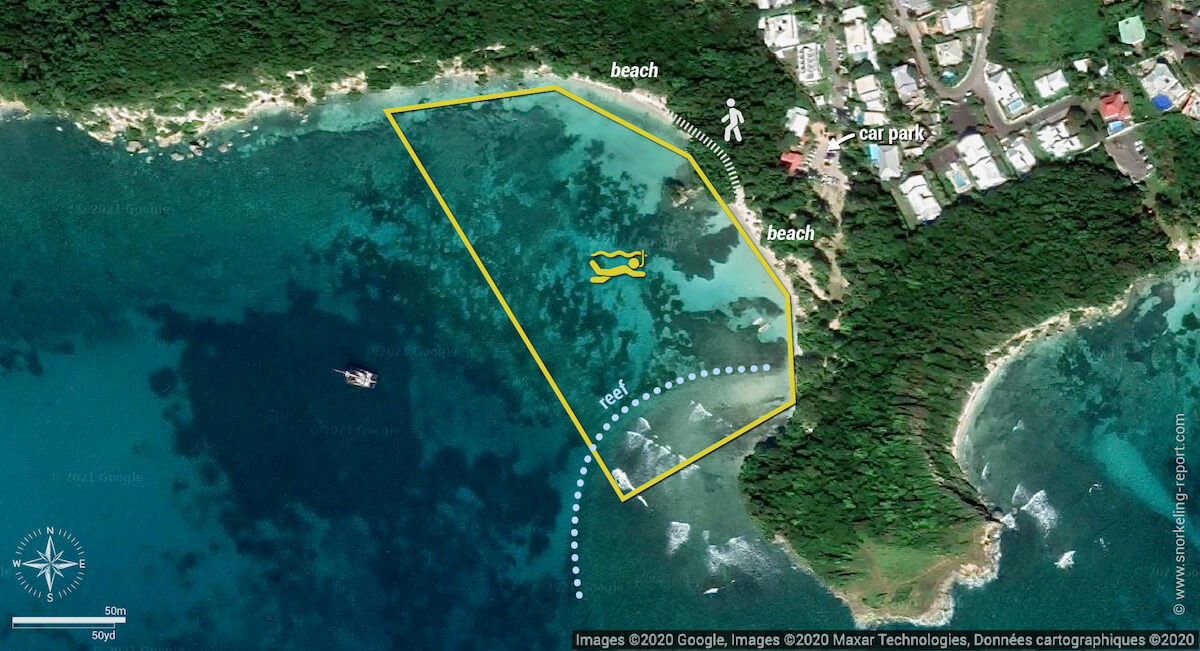 Petit-Havre Beach snorkeling map, Guadeloupe