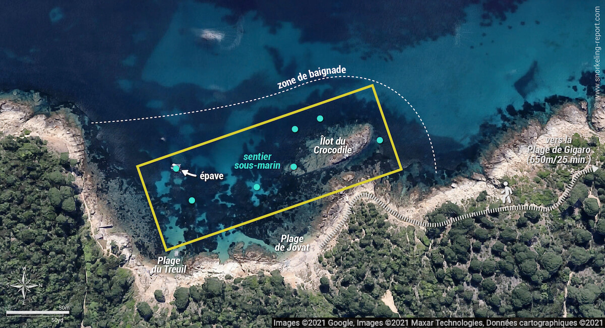 Carte snorkeling à la Plage de Jovat - Sentier sous-marin du Crocodile