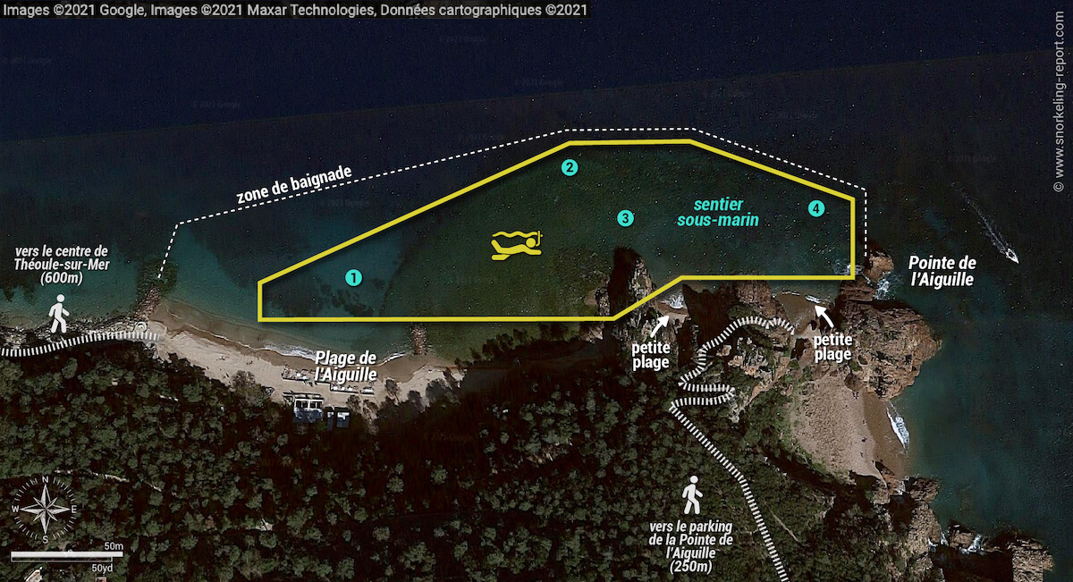 Carte snorkeling à la Pointe de l'Aiguille, Théoule-sur-Mer